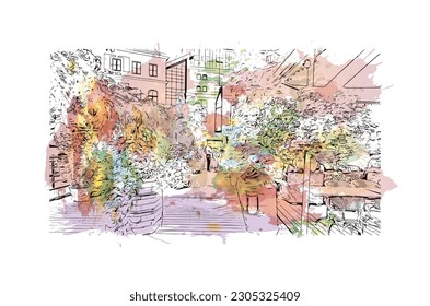 Building view with landmark of  Riga is the capital of Latvia. Watercolor splash with hand drawn sketch illustration in vector.