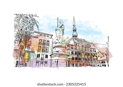Building view with landmark of  Riga is the capital of Latvia. Watercolor splash with hand drawn sketch illustration in vector.