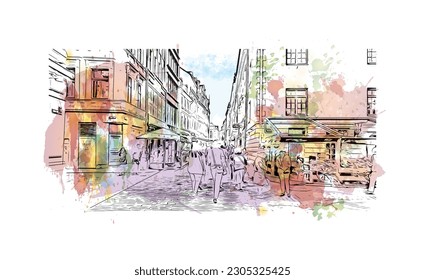 Building view with landmark of  Riga is the capital of Latvia. Watercolor splash with hand drawn sketch illustration in vector.