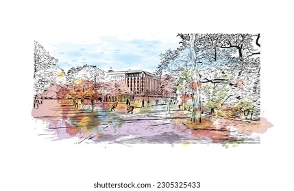 Building view with landmark of  Riga is the capital of Latvia. Watercolor splash with hand drawn sketch illustration in vector.