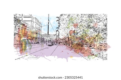 Building view with landmark of  Riga is the capital of Latvia. Watercolor splash with hand drawn sketch illustration in vector.