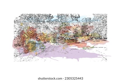 Die Hauptstadt von Lettland ist der Ausblick auf das Gebäude mit Wahrzeichen von Riga. Aquarellspritzer mit handgezeichneter Skizzengrafik in Vektorgrafik.