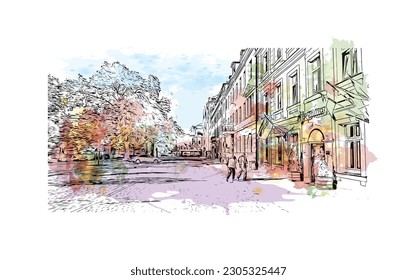 La capital de Letonia es el edificio con vistas a Riga. Salto de color de agua con ilustración de esbozo dibujada a mano en vector.