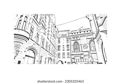 Building view with landmark of  Riga is the capital of Latvia. Hand drawn sketch illustration in vector.