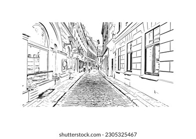Building view with landmark of  Riga is the capital of Latvia. Hand drawn sketch illustration in vector.
