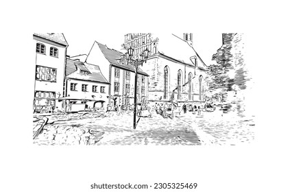 Building view with landmark of  Riga is the capital of Latvia. Hand drawn sketch illustration in vector.