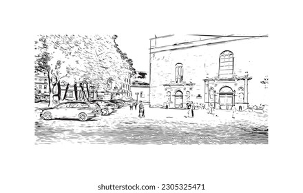 Building view with landmark of  Riga is the capital of Latvia. Hand drawn sketch illustration in vector.