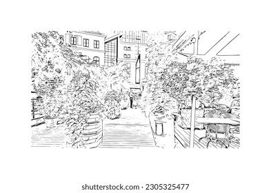 Building view with landmark of  Riga is the capital of Latvia. Hand drawn sketch illustration in vector.