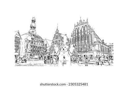 La capital de Letonia es el edificio con vistas a Riga. Dibujo a mano de ilustración de esbozo en vector.