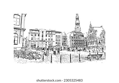 Building view with landmark of  Riga is the capital of Latvia. Hand drawn sketch illustration in vector.