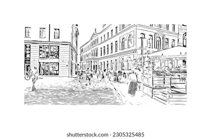 Building view with landmark of  Riga is the capital of Latvia. Hand drawn sketch illustration in vector.