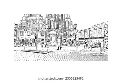 Building view with landmark of  Riga is the capital of Latvia. Hand drawn sketch illustration in vector.