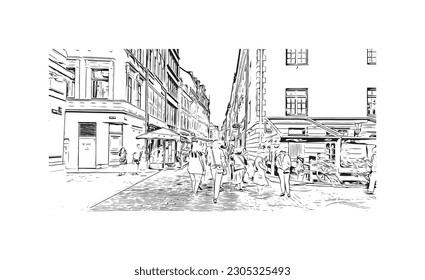 Building view with landmark of  Riga is the capital of Latvia. Hand drawn sketch illustration in vector.