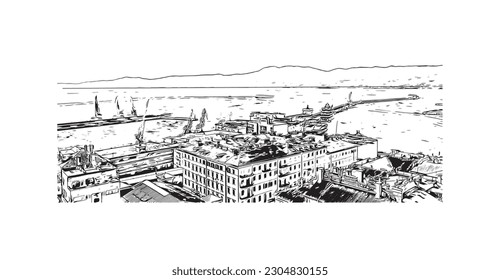 Building view with landmark of Rijeka is the city in Croatia. Hand drawn sketch illustration in vector.