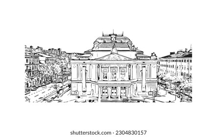 Building view with landmark of Rijeka is the city in Croatia. Hand drawn sketch illustration in vector.