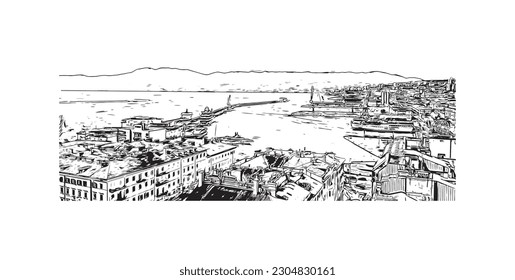 Building view with landmark of Rijeka is the city in Croatia. Hand drawn sketch illustration in vector.