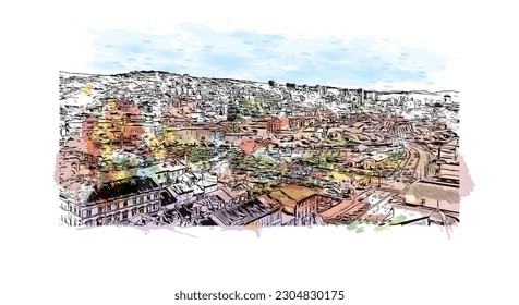 Building view with landmark of Rijeka is the city in Croatia. Watercolor splash with hand drawn sketch illustration in vector.
