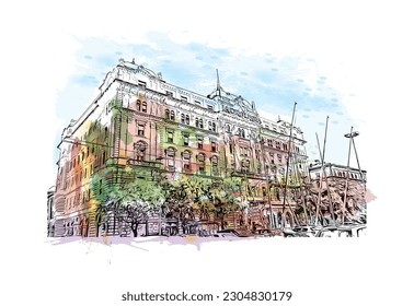 Building view with landmark of Rijeka is the city in Croatia. Watercolor splash with hand drawn sketch illustration in vector.