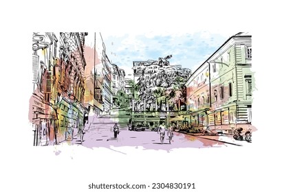 Building view with landmark of Rijeka is the city in Croatia. Watercolor splash with hand drawn sketch illustration in vector.