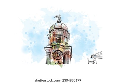 Building view with landmark of Rijeka is the city in Croatia. Watercolor splash with hand drawn sketch illustration in vector.