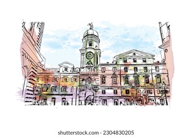 Building view with landmark of Rijeka is the city in Croatia. Watercolor splash with hand drawn sketch illustration in vector.