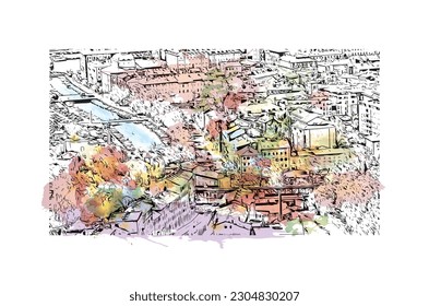 Building view with landmark of Rijeka is the city in Croatia. Watercolor splash with hand drawn sketch illustration in vector.