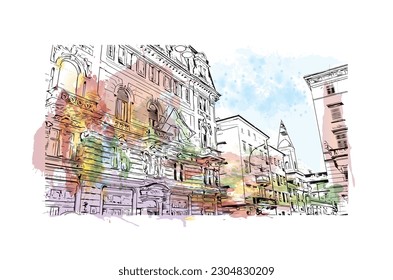 Building view with landmark of Rijeka is the city in Croatia. Watercolor splash with hand drawn sketch illustration in vector.