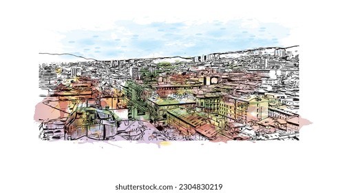 Building view with landmark of Rijeka is the city in Croatia. Watercolor splash with hand drawn sketch illustration in vector.