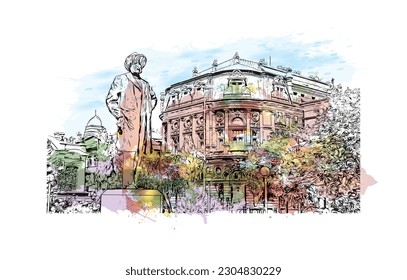 Building view with landmark of Rijeka is the city in Croatia. Watercolor splash with hand drawn sketch illustration in vector.