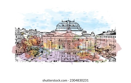 Building view with landmark of Rijeka is the city in Croatia. Watercolor splash with hand drawn sketch illustration in vector.