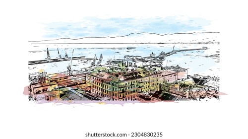 Building view with landmark of Rijeka is the city in Croatia. Watercolor splash with hand drawn sketch illustration in vector.