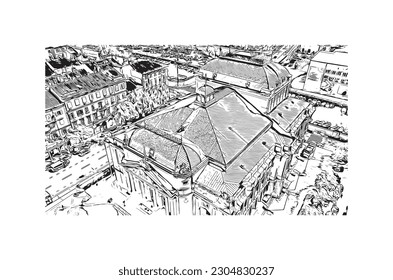 Building view with landmark of Rijeka is the city in Croatia. Hand drawn sketch illustration in vector.