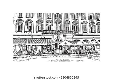 Building view with landmark of Rijeka is the city in Croatia. Hand drawn sketch illustration in vector.