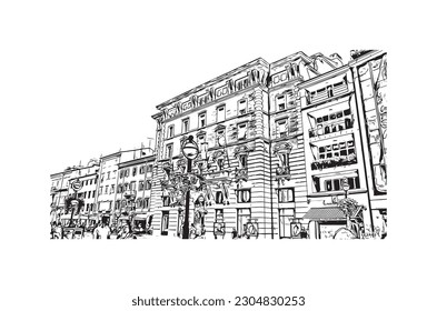 Building view with landmark of Rijeka is the city in Croatia. Hand drawn sketch illustration in vector.