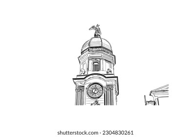 Building view with landmark of Rijeka is the city in Croatia. Hand drawn sketch illustration in vector.