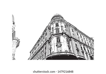 Building view with landmark of Rijeka is a Croatian port city on Kvarner Bay in the northern Adriatic Sea. Hand drawn sketch illustration in vector.