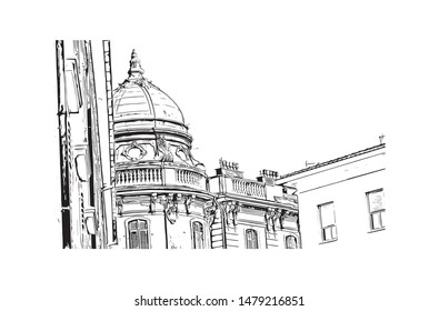 Building view with landmark of Rijeka is a Croatian port city on Kvarner Bay in the northern Adriatic Sea. Hand drawn sketch illustration in vector.