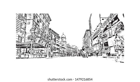 Building view with landmark of Rijeka is a Croatian port city on Kvarner Bay in the northern Adriatic Sea. Hand drawn sketch illustration in vector.