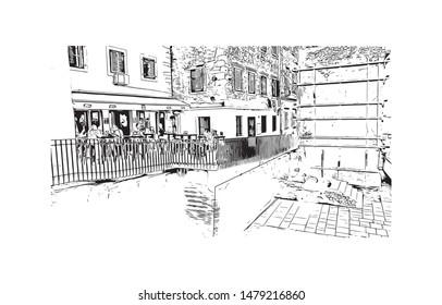 Building view with landmark of Rijeka is a Croatian port city on Kvarner Bay in the northern Adriatic Sea. Hand drawn sketch illustration in vector.