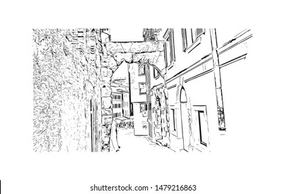 Building view with landmark of Rijeka is a Croatian port city on Kvarner Bay in the northern Adriatic Sea. Hand drawn sketch illustration in vector.