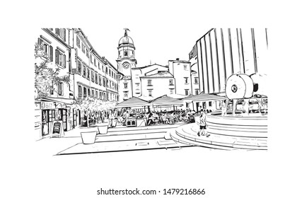 Building view with landmark of Rijeka is a Croatian port city on Kvarner Bay in the northern Adriatic Sea. Hand drawn sketch illustration in vector.