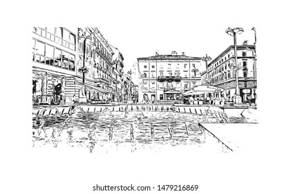 Building view with landmark of Rijeka is a Croatian port city on Kvarner Bay in the northern Adriatic Sea. Hand drawn sketch illustration in vector.