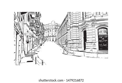 Building view with landmark of Rijeka is a Croatian port city on Kvarner Bay in the northern Adriatic Sea. Hand drawn sketch illustration in vector.