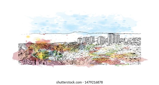 Building view with landmark of Rijeka is a Croatian port city on Kvarner Bay in the northern Adriatic Sea. Watercolor splash with Hand drawn sketch illustration in vector.