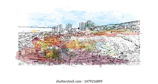 Building view with landmark of Rijeka is a Croatian port city on Kvarner Bay in the northern Adriatic Sea. Watercolor splash with Hand drawn sketch illustration in vector.