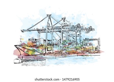 Building view with landmark of Rijeka is a Croatian port city on Kvarner Bay in the northern Adriatic Sea. Watercolor splash with Hand drawn sketch illustration in vector.