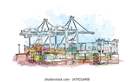 Building view with landmark of Rijeka is a Croatian port city on Kvarner Bay in the northern Adriatic Sea. Watercolor splash with Hand drawn sketch illustration in vector.