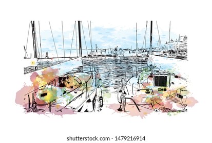 Building view with landmark of Rijeka is a Croatian port city on Kvarner Bay in the northern Adriatic Sea. Watercolor splash with Hand drawn sketch illustration in vector.