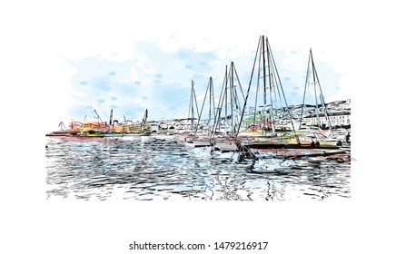 Building view with landmark of Rijeka is a Croatian port city on Kvarner Bay in the northern Adriatic Sea. Watercolor splash with Hand drawn sketch illustration in vector.
