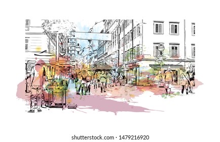 Building view with landmark of Rijeka is a Croatian port city on Kvarner Bay in the northern Adriatic Sea. Watercolor splash with Hand drawn sketch illustration in vector.